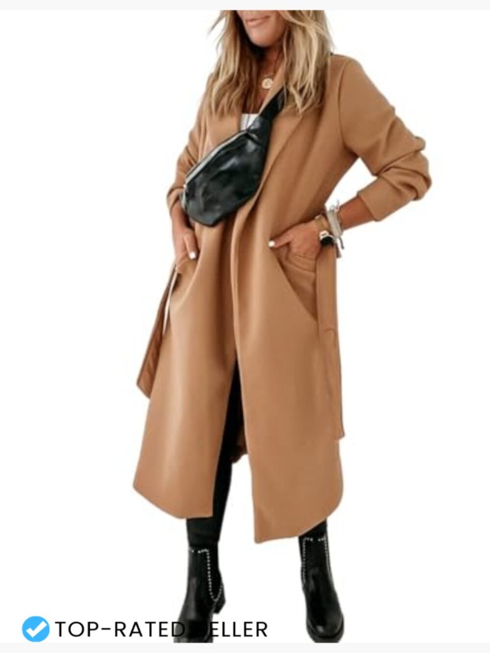 Classic Longline Peacoat with Lapel Collar and Self-Tie Belt for Women - Picture 4 of 7